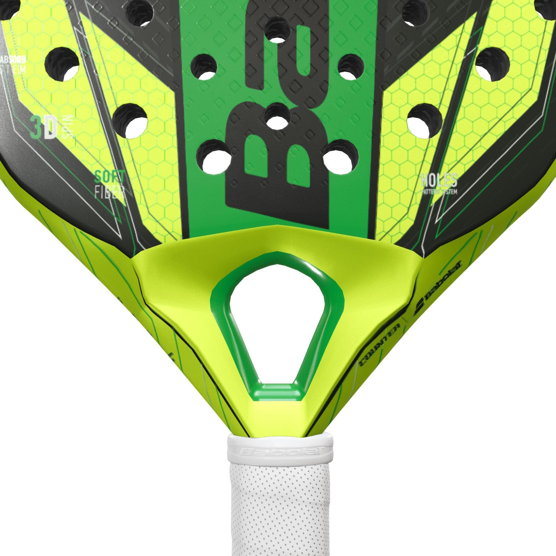 A close-up of the Babolat Counter Vertuo Padel Racket, engineered by Babolat for effortless power.