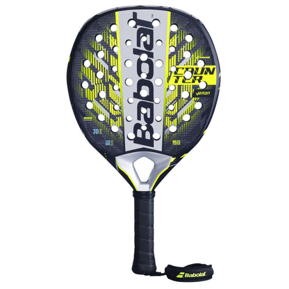 The Babolat Counter Veron 2.5 Padel Racket features a black and yellow design, Carbon Flex technology, perforated face, textured grip, wrist strap, bold Babolat branding, and a sleek modern look.