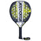 The Babolat Counter Veron 2.5 Padel Racket features a black and yellow design, Carbon Flex technology, perforated face, textured grip, wrist strap, bold Babolat branding, and a sleek modern look.