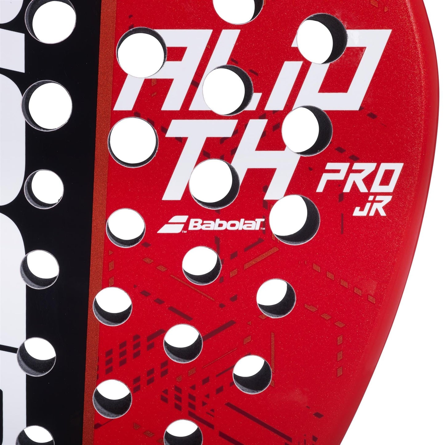 Close-up of the Babolat Alioth Pro Junior Padel Racket in red, highlighting white "ALIOTH PRO JR" text, signature circular holes, and the central Babolat logo—ideal for young players.