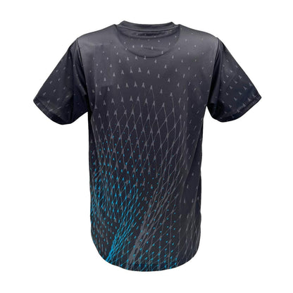 The Yonex YTM6 Men's Padel T-Shirt in Shadow Black is made from moisture-wicking polyester, featuring a geometric pattern of small white triangles and blue wavy lines on the lower back, fading upward. This short-sleeved design by Yonex is ideal for casual wear.