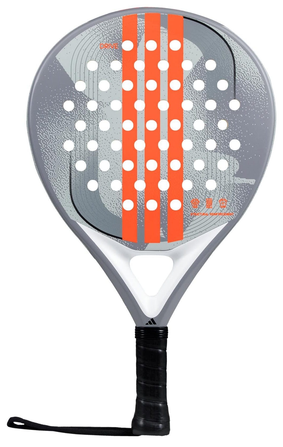 The adidas Drive Grey 3.4 Padel Racket features a gray and white design with bold orange stripes, round holes on the face, and a black handle with wrist strap—perfect for beginners.