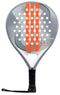 The adidas Drive Grey 3.4 Padel Racket features a gray and white design with bold orange stripes, round holes on the face, and a black handle with wrist strap—perfect for beginners.