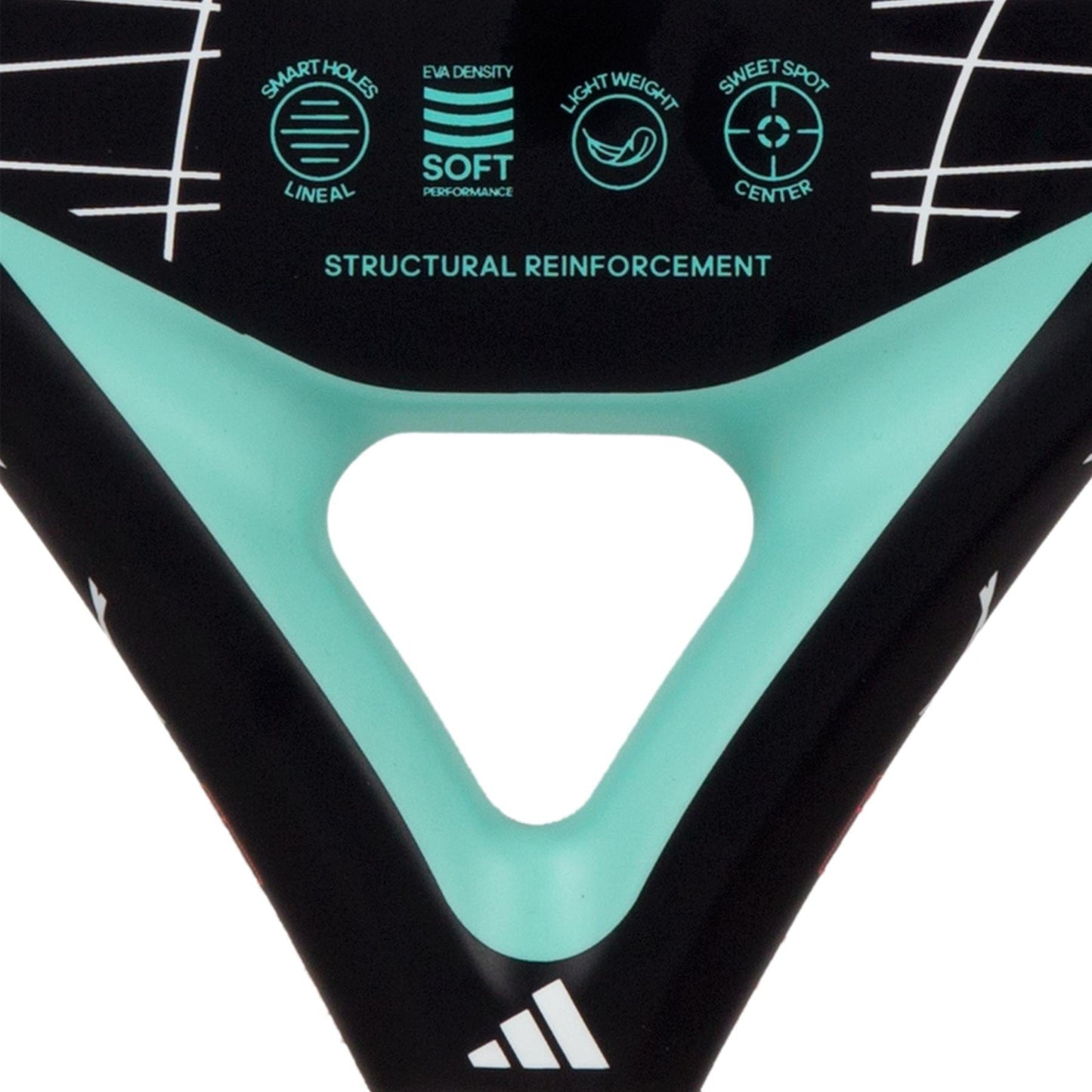 Close-up of the adidas Drive Light 3.3 Padel Racket in black and teal, highlighting its triangular cutout, adidas logo, and icons for soft performance, lightweight feel, centered sweet spot, and a design ideal for beginners.