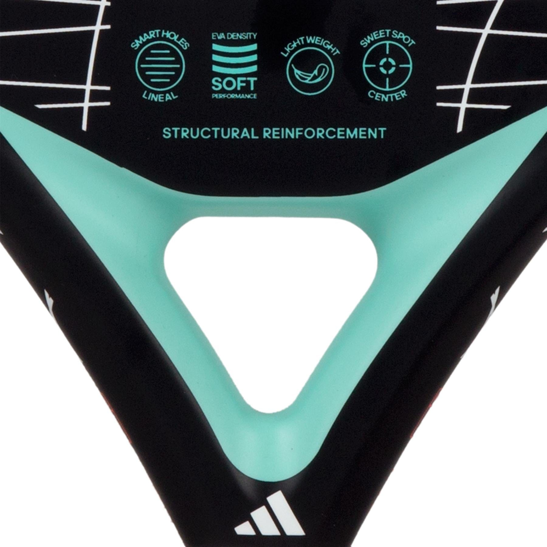 Close-up of the adidas Drive Light 3.3 Padel Racket in black and teal, highlighting its triangular cutout, adidas logo, and icons for soft performance, lightweight feel, centered sweet spot, and a design ideal for beginners.