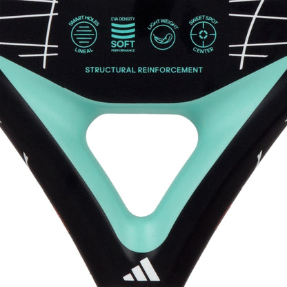 Close-up of the adidas Drive Light 3.3 Padel Racket in black and teal, highlighting its triangular cutout, adidas logo, and icons for soft performance, lightweight feel, centered sweet spot, and a design ideal for beginners.