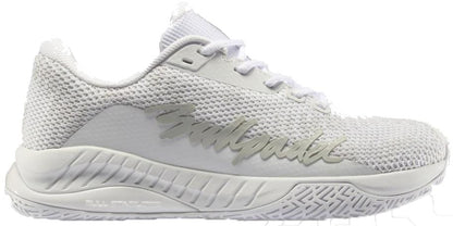 The Bullpadel Ionic W 26V Women's Padel Shoes feature a white mesh upper, white laces, and "Bullpadel" in silver on the side—ideal women’s padel shoes by Bullpadel, shown against a plain white background.