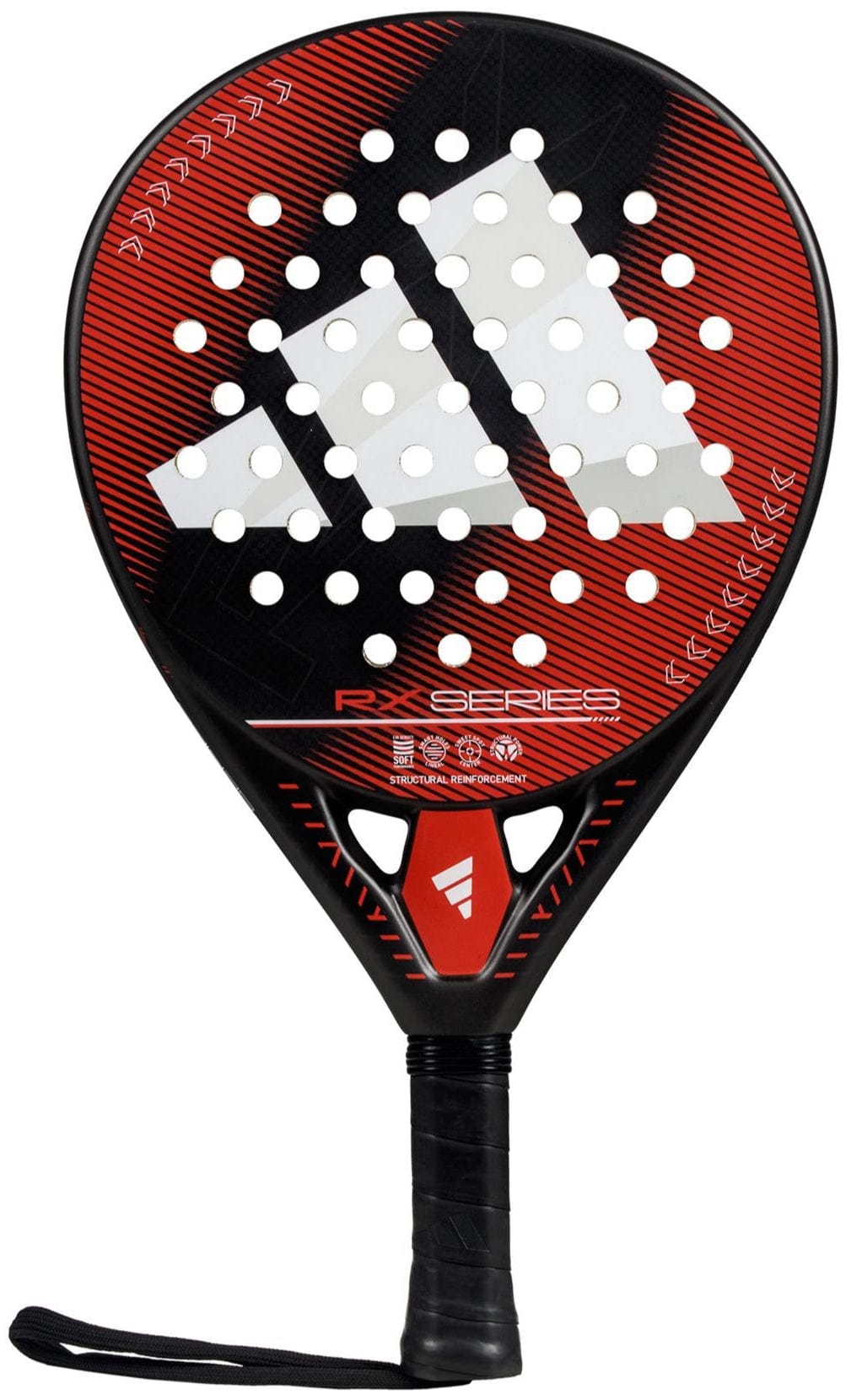 The adidas RX Series Red 3.4 Padel Racket features a black and red design with perforated head, white geometric accents, black grip handle with wrist strap, “RX SERIES” and adidas branding. Ideal for intermediate players; made of fibreglass.