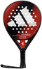 The adidas RX Series Red 3.4 Padel Racket features a black and red design with perforated head, white geometric accents, black grip handle with wrist strap, “RX SERIES” and adidas branding. Ideal for intermediate players; made of fibreglass.