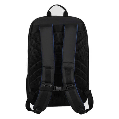 The Bullpadel BPM26008 Vertex Padel Backpack - Geo Blue is shown from the back, highlighting padded shoulder straps with blue stitching, a top handle, and adjustable chest strap—ideal for carrying your gear like pro player Bea González.