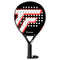 The Tecnifibre Wall Master ONE Padel Racket features a black base with white and red geometric accents, a round shape, central perforations, and a black grip with wrist strap—perfect for beginners seeking an entry-level padel racket.