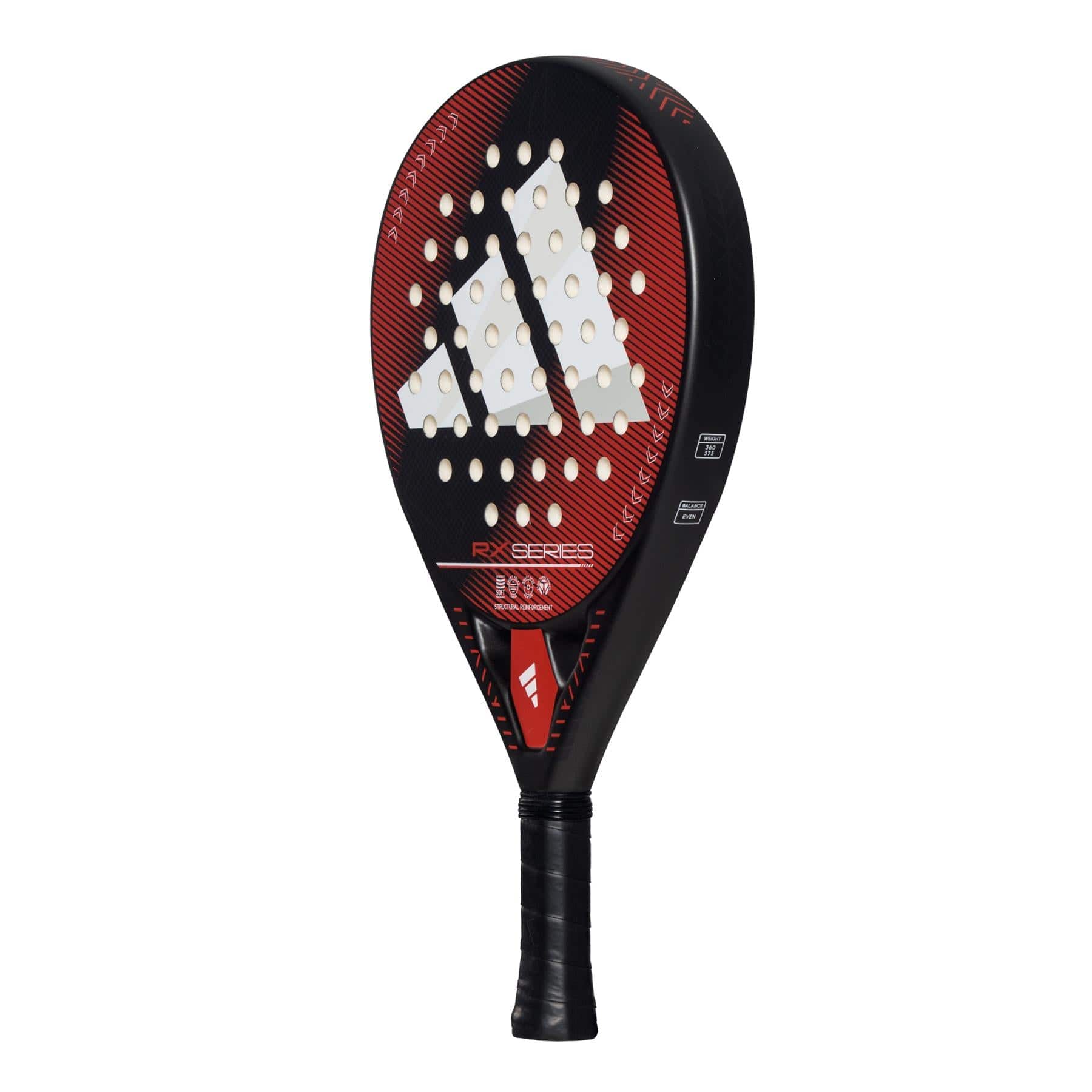 The adidas ADIDAS RX Series Red 3.4 Padel Racket features a red and black design with a large white adidas logo, circular holes on the face, and a black grip handle, ideal for intermediate players.
