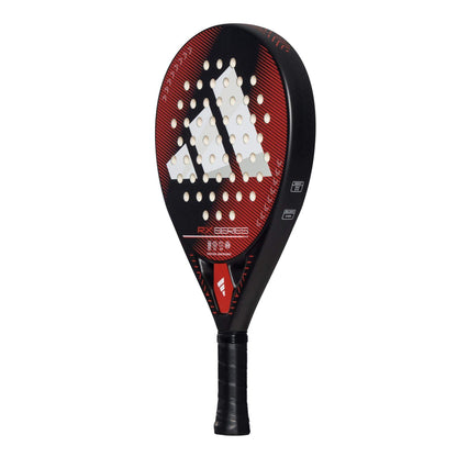 The adidas ADIDAS RX Series Red 3.4 Padel Racket features a red and black design with a large white adidas logo, circular holes on the face, and a black grip handle, ideal for intermediate players.