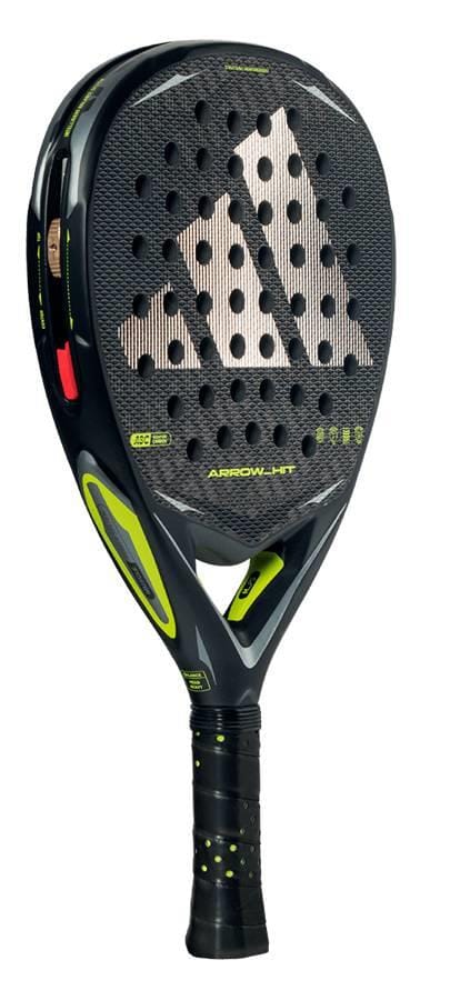 The adidas Arrow Hit 2026 Padel Racket features a black and yellow design, perforated face, textured grip, and bold white logo. Its intelligent balance system enhances control, while modern details provide powerful padel performance.