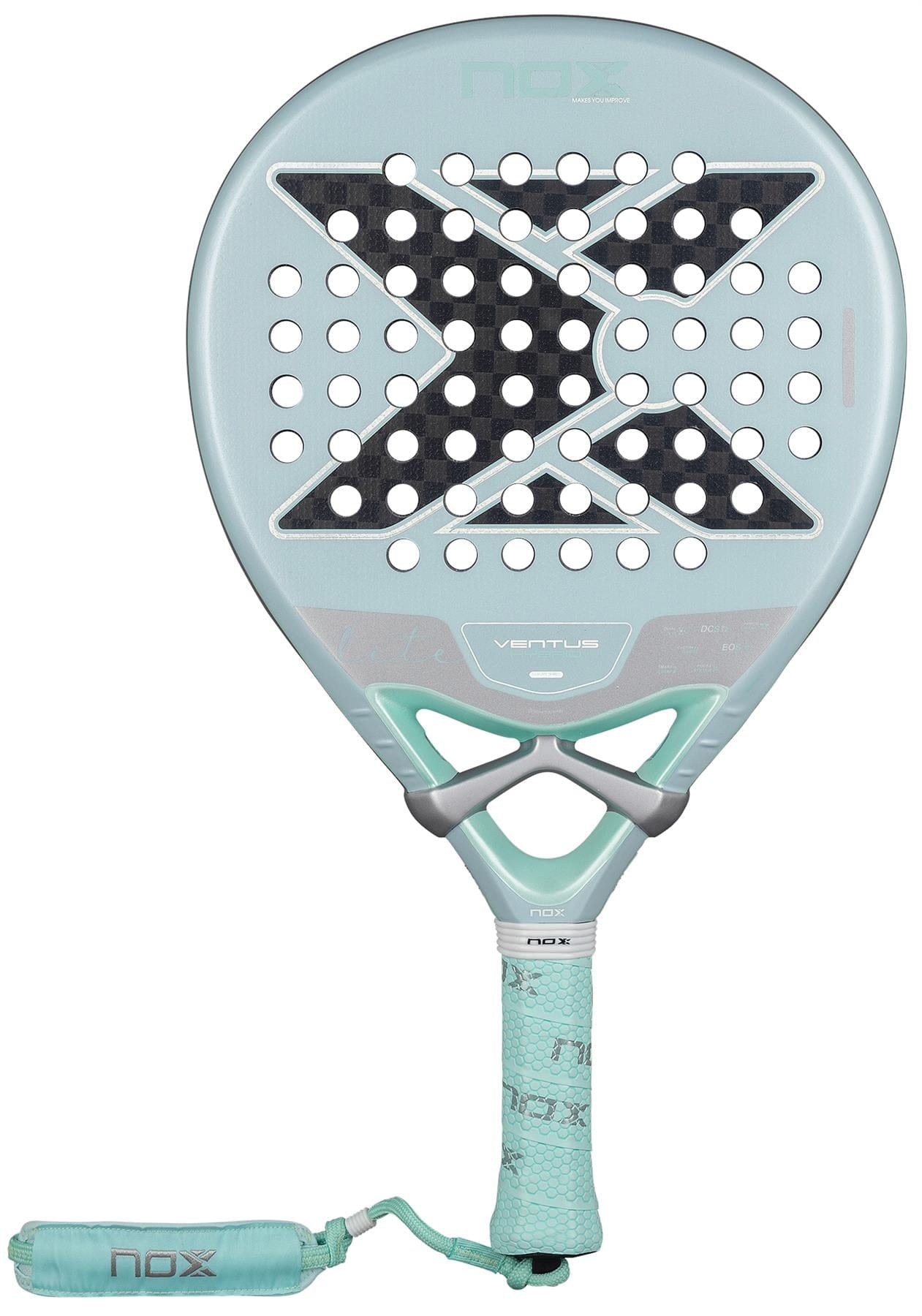 The NOX Luxury Ventus 12K Hybrid Lite 2026 Padel Racket features a light blue design, durable 12K carbon fibre, black X-shaped accents, multiple round holes, a blue handle with wrist strap, and "VENTUS" printed above the throat.