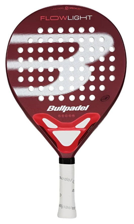 The Bullpadel Flow Light 2025 padel racket by Bullpadel features a maroon base with white dots, a large "B" logo, red and white handle accents, and a comfortable white grip—ideal for lightweight, dynamic play.