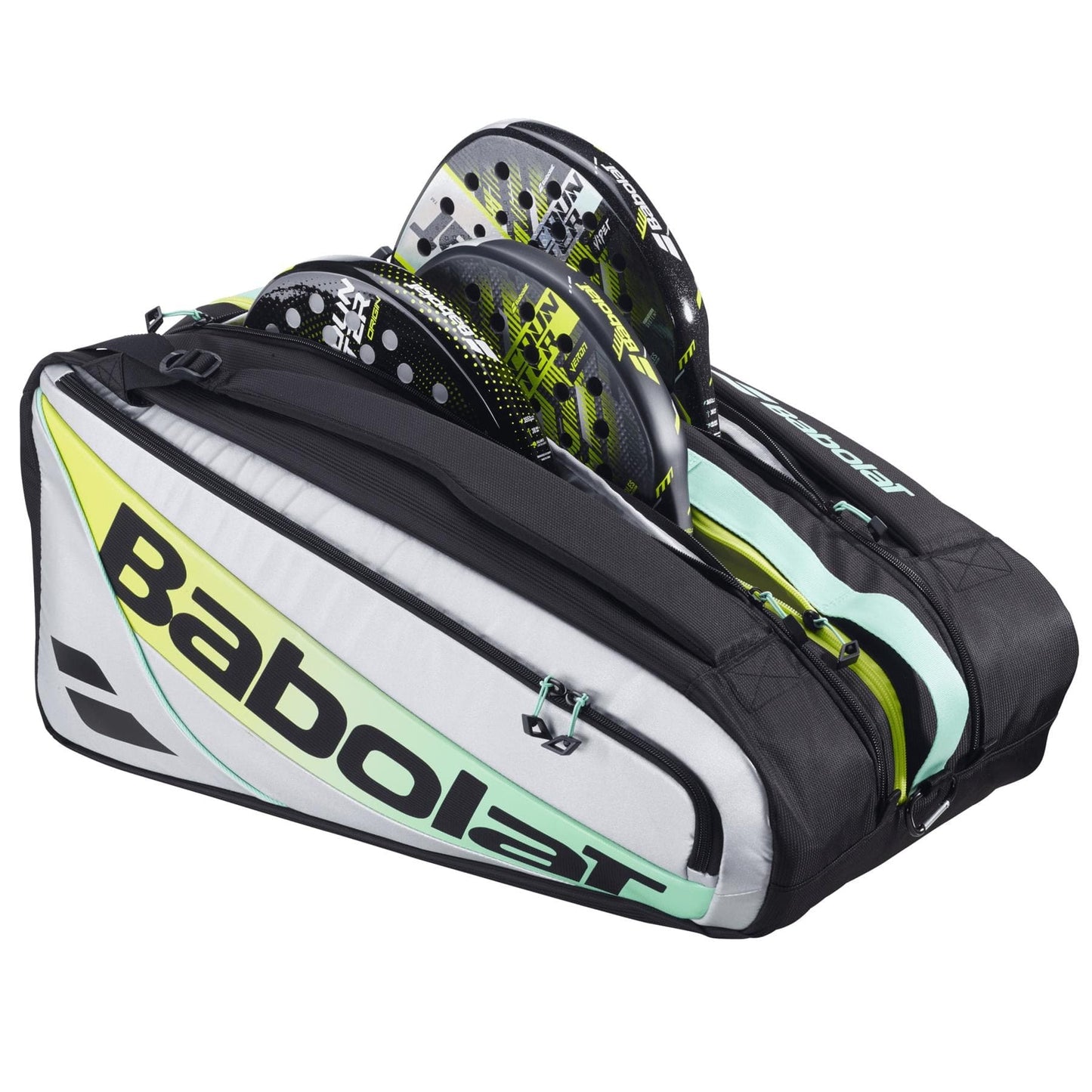 The Babolat RH Pro Padel Racket Bag - Black / Multi features three compartments, including an insulated racket section. It holds two padel rackets and showcases the Babolat logo on a white, black, and mint green design.