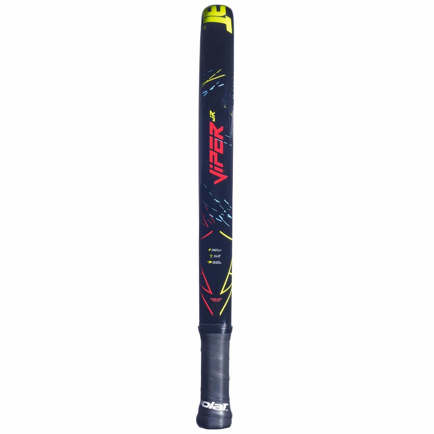 The Babolat Viper Junior padel racket features a sleek black design with blue, red, and yellow accents, bold red "Viper" branding, and a grippy handle—ideal for young players aiming to play like the pros.