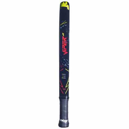 The Babolat Viper Junior padel racket features a sleek black design with blue, red, and yellow accents, bold red "Viper" branding, and a grippy handle—ideal for young players aiming to play like the pros.