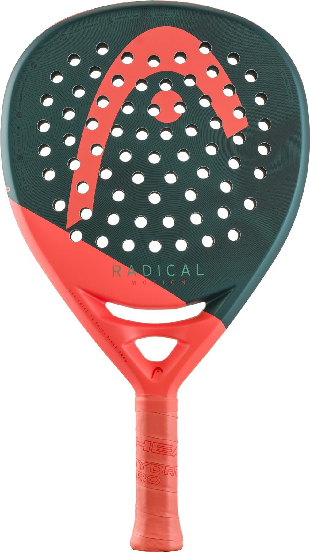 The HEAD Radical Motion 2026 Padel Racket offers a lightweight design in dark green and bright coral, with circular holes on the face. "HEAD" is printed on the handle and "RADICAL" at the center for advanced padel performance.