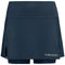 The HEAD Women's Club Basic Padel Skort in navy features built-in shorts, a side slit, and the "HEAD" logo in light gray at the bottom corner. It's crafted from moisture transfer microfibre for peak performance and comfort.
