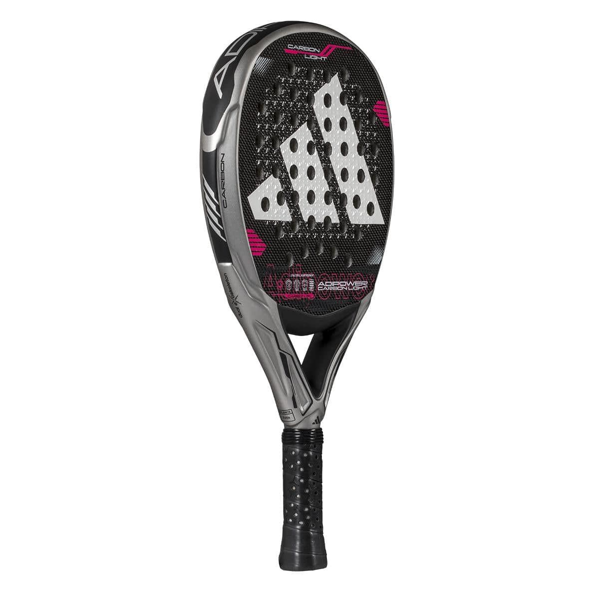 The adidas ADIDAS Adipower Carbon Light 3.4 Padel Racket features a black and gray design with pink accents, white perforated Adidas logo on the surface, and is ideal for players wanting a lightweight racket.