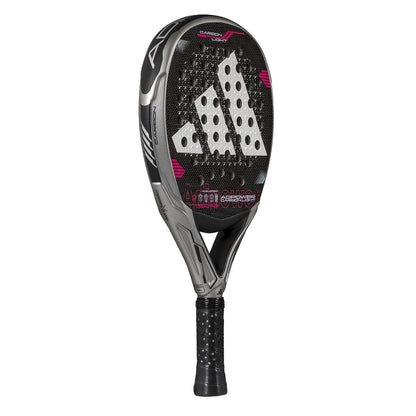 The adidas ADIDAS Adipower Carbon Light 3.4 Padel Racket features a black and gray design with pink accents, white perforated Adidas logo on the surface, and is ideal for players wanting a lightweight racket.
