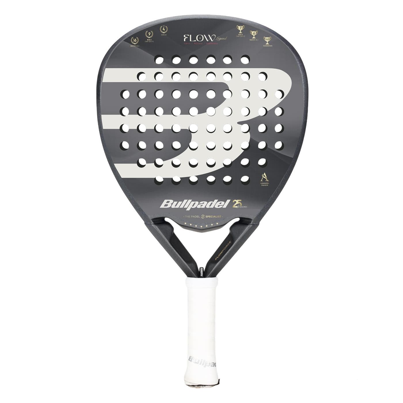 The Bullpadel Flow Legend 2026 Padel Racket features a black design with a white handle, bold "B" logo, circular holes, gold award icons, and advanced Flowforce tech—making it the ideal stylish women's racket from Bullpadel.