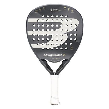 The Bullpadel Flow Legend 2026 Padel Racket features a black design with a white handle, bold "B" logo, circular holes, gold award icons, and advanced Flowforce tech—making it the ideal stylish women's racket from Bullpadel.