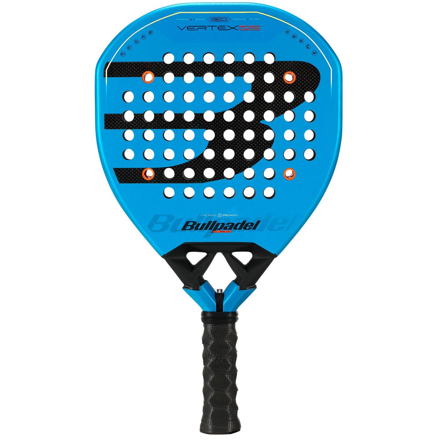 The Bullpadel Vertex 05 GEO 2026 Padel Racket is blue with black and white accents, a textured surface, large “B” logo, face holes, and a black grip handle.