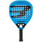 The Bullpadel Vertex 05 GEO 2026 Padel Racket is blue with black and white accents, a textured surface, large “B” logo, face holes, and a black grip handle.