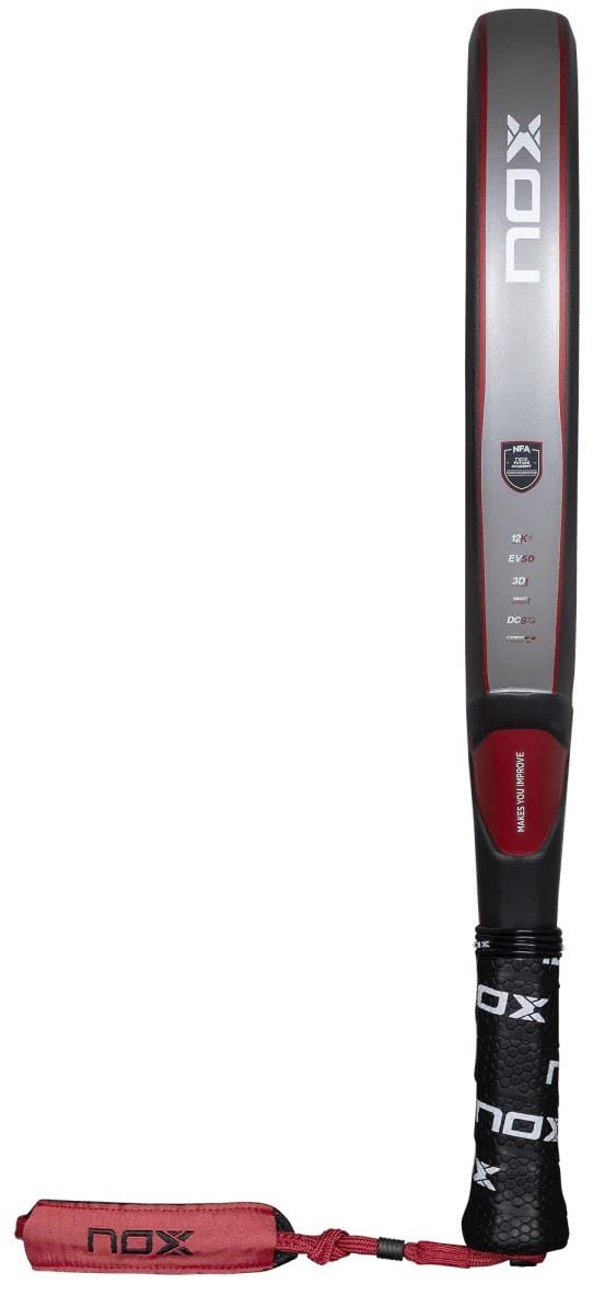 The NOX NFA Future Attack 12K Alum Padel Racket is a black and red model with a long handle, ergonomic grip, and wrist strap—ideal for players seeking more power. Branding and specs are visible on the shaft.