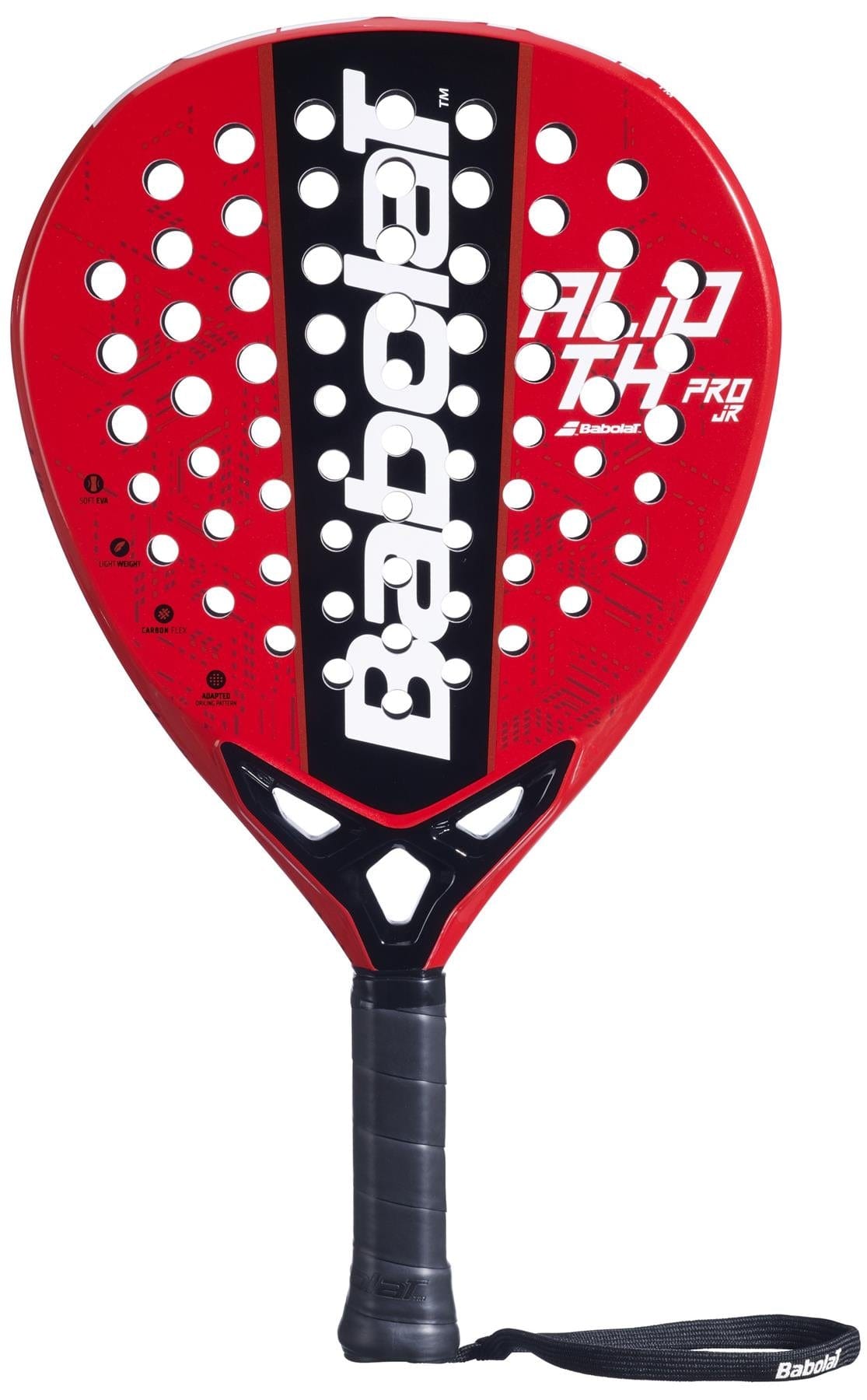 The Babolat Alioth Pro Junior Padel Racket features a red and black design, multiple circular holes, a black handle with wrist strap, and bold Babolat branding—ideal for young players looking for a high-quality kids’ padel racket.