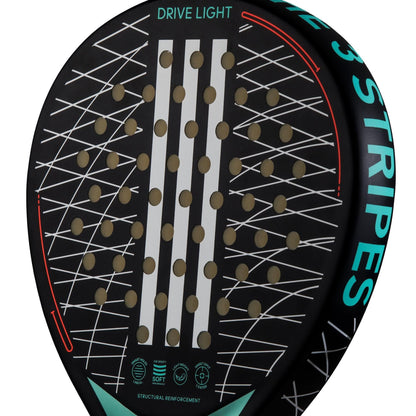 Close-up of the adidas Drive Light 3.3 Padel Racket, featuring white diagonal lines, round holes, a striped center, and "DRIVE LIGHT" and "3 STRIPES" near the edge—showcasing its beginner-friendly design.