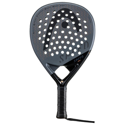 The HEAD Speed Pro 2023 Padel Racket by HEAD features a gray and black design, circular holes, ergonomic grip, "SPEED" logo on the face, Auxetic technology for power and control, plus a wrist strap on the handle.