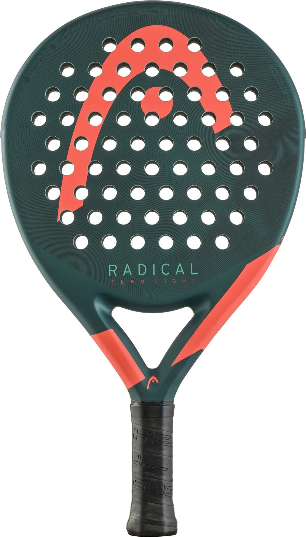 The HEAD Radical Team Light 2026 Padel Racket features a green and orange perforated face with "RADICAL" on the front, plus a lightweight design and black grip handle.