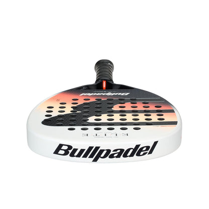 The Bullpadel Elite W 2026 Padel Racket features a round shape, lightweight design, and black, white, and orange colors with "Bullpadel" branding—ideal for women padel players.