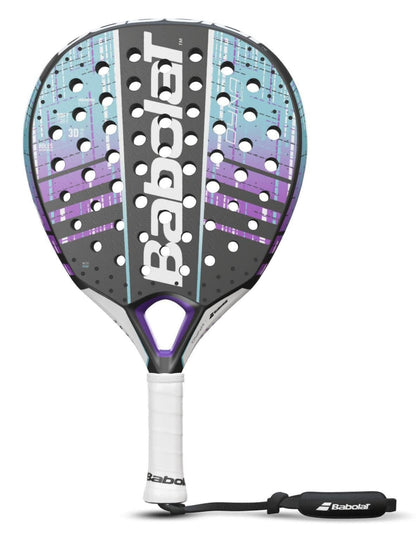 The Babolat Dyna Spirit Padel Racket has a lightweight teardrop head, white grip, black and purple frame, blue and purple graphics with multiple face holes, plus a wrist strap on the handle.