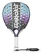 The Babolat Dyna Spirit Padel Racket has a lightweight teardrop head, white grip, black and purple frame, blue and purple graphics with multiple face holes, plus a wrist strap on the handle.