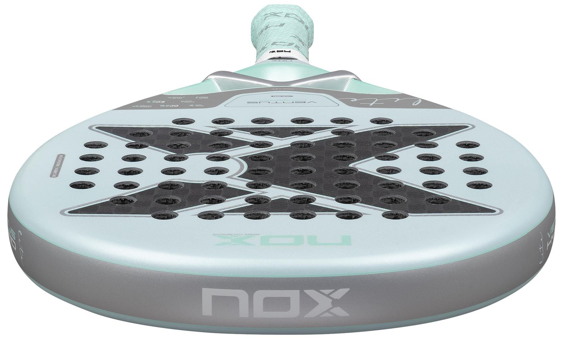 A close-up of the NOX Luxury Ventus 12K Hybrid Lite 2026 Padel Racket shows its light blue face with a bold black "X," multiple holes, premium 12K carbon fiber construction, and the handle visible at the top.