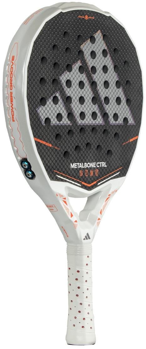 The adidas Metalbone Ctrl 2026 padel racket features a white and black design with a honeycomb pattern, large adidas logo, adjustable weight system, "METALBONE CTRL" on the face, and a white grip with red dots.