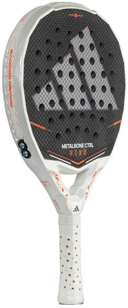 The adidas Metalbone Ctrl 2026 padel racket features a white and black design with a honeycomb pattern, large adidas logo, adjustable weight system, "METALBONE CTRL" on the face, and a white grip with red dots.