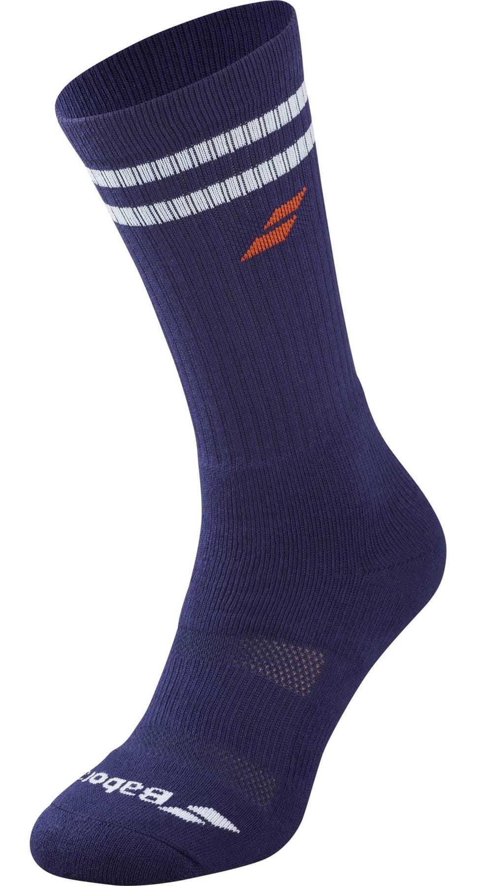 A single Babolat Team Padel sock in illusion blue features two white stripes near the top, an orange logo on the side, and “Babolat” in white near the toe—ideal as comfortable sports socks for everyday play.
