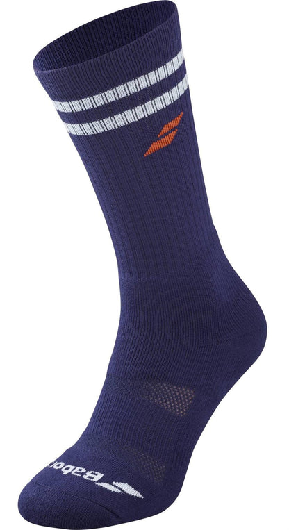 A single Babolat Team Padel sock in illusion blue features two white stripes near the top, an orange logo on the side, and “Babolat” in white near the toe—ideal as comfortable sports socks for everyday play.