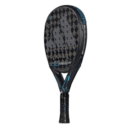 The adidas ADIDAS Adipower Multiweight CTRL 3.4 Padel Racket in black and blue features a textured surface, adjustable weight, and circular perforations, displayed against a white background.
