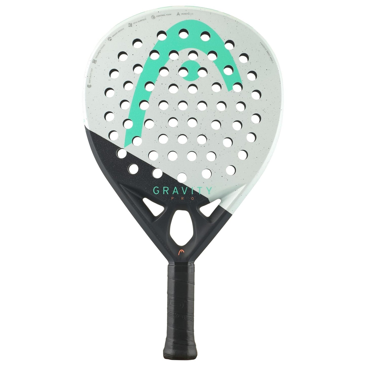 The HEAD Gravity Pro 2024 Padel Racket features a black and white split design with teal accents, circular holes, Spin Surface technology for control, and a black grip. "GRAVITY" is printed on the racket. Brand: HEAD.