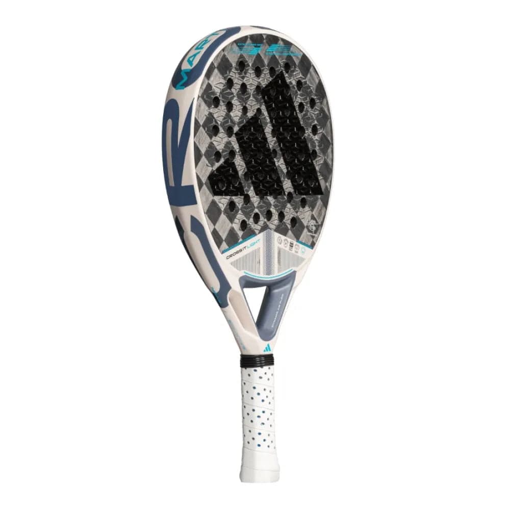A close-up of the adidas Cross It Light 3.4 Padel Racket, featuring a white, gray, and blue design with a bold black adidas logo on the face and a white grip with black dots, showcasing this lightweight padel racket.