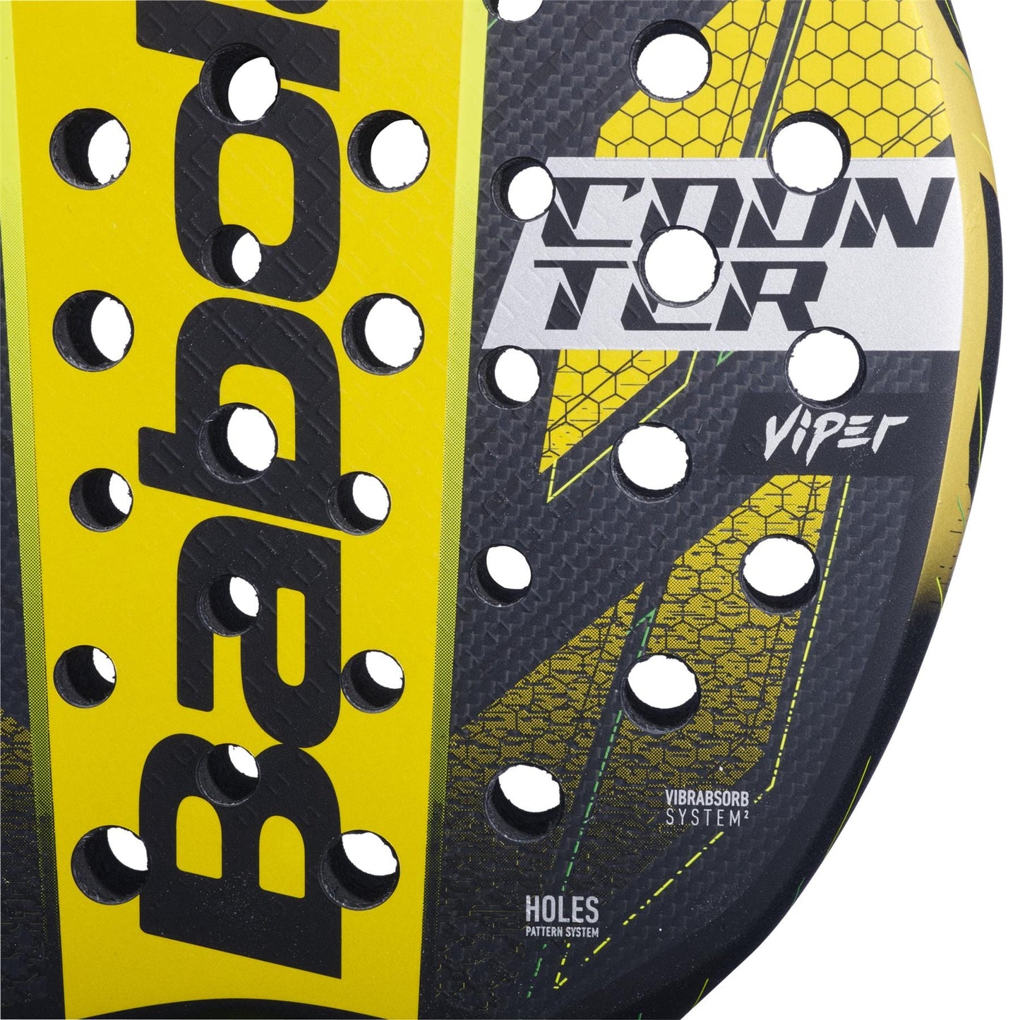 Close-up of the Babolat Counter Viper Padel Racket with “Babolat,” “COUNTER,” “VIPER,” and “VIBRASORB SYSTEM” by angular yellow graphics, showcasing this racket’s balance of power and control on the court.