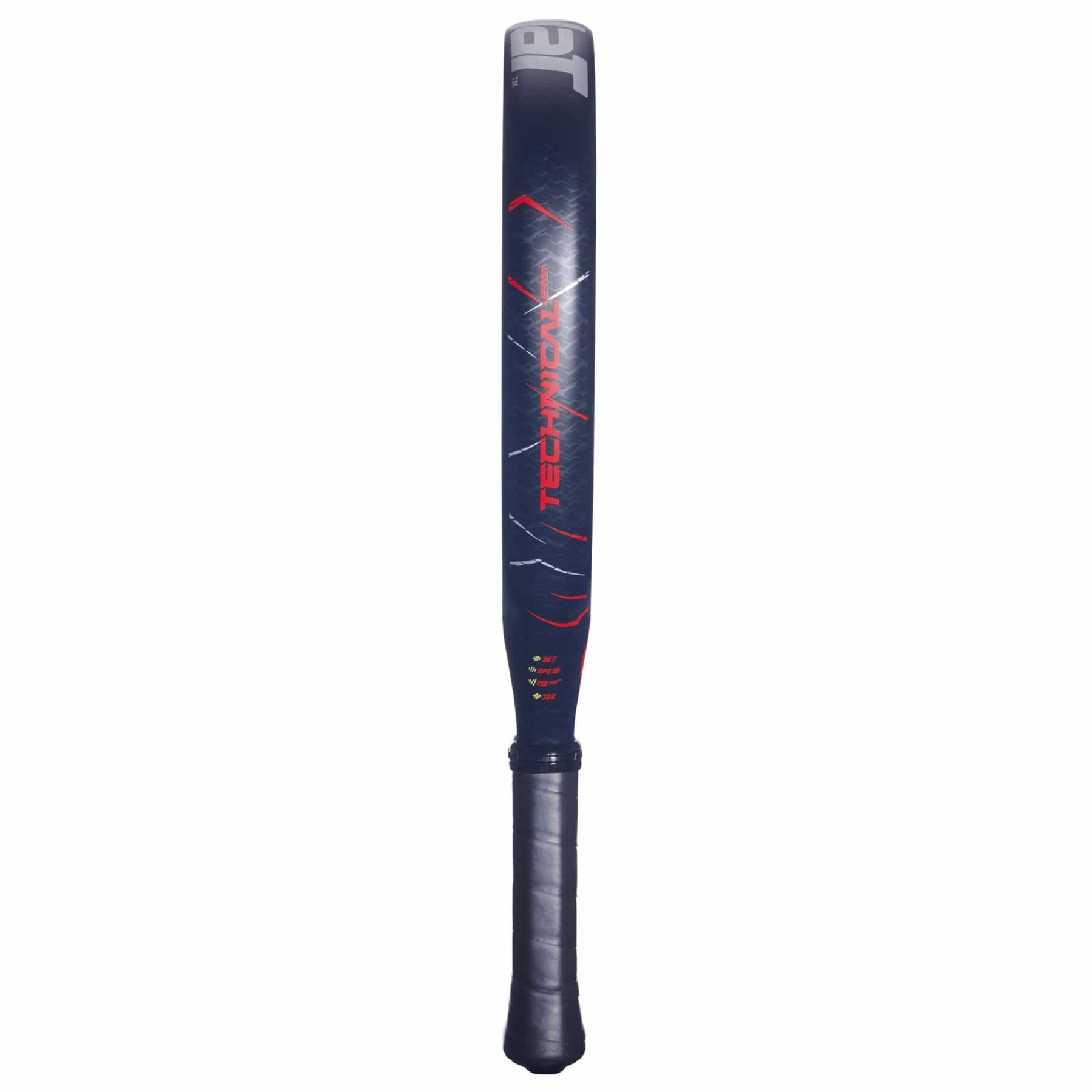 The Babolat Technical Veron 2.5 Padel Racket features a black design with red and gray accents, "TECHNICAL" labeled vertically on the blade, and a cushioned black handle—reflecting the dynamic power of Babolat engineering.