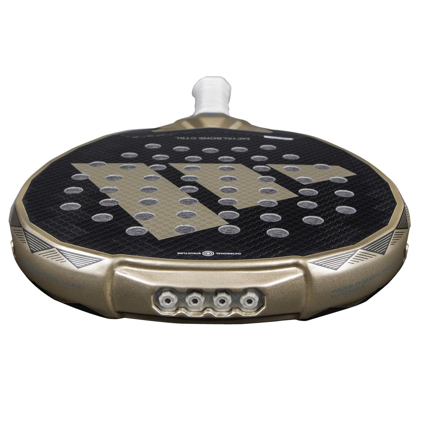 A close-up of the adidas Metalbone CTRL 3.4 padel racket, showcasing its black and gold design, white grip, circular holes, and innovative Weight & Balance System, photographed on a white background.